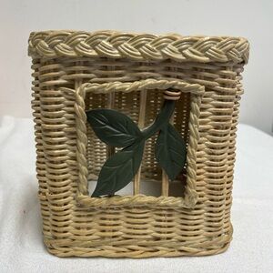 VTG Boho Woven Wicker Rattan Tissue Box Cover Holder Cube Square Lt Brown Tan